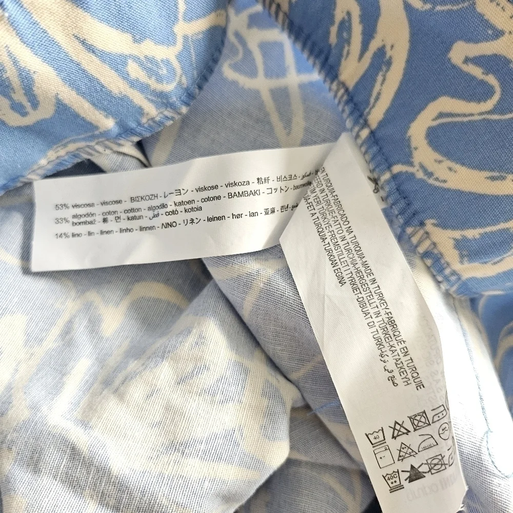 New Zara Full Length Floral Linen Blend High Waisted Blue/White Pants NWT Small
